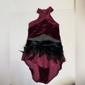 Weissman Dance Costume Burgundy Velvet Leotard with Black Feather Trim Small NEW